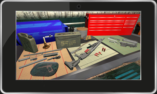 Fix My Gun — a workbench in the bunker covered in firearm parts